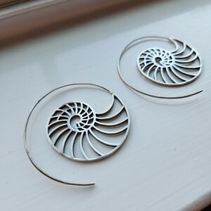 LAST CHANCE Large Silver Nautilus Shell Spiral Statement Earrings